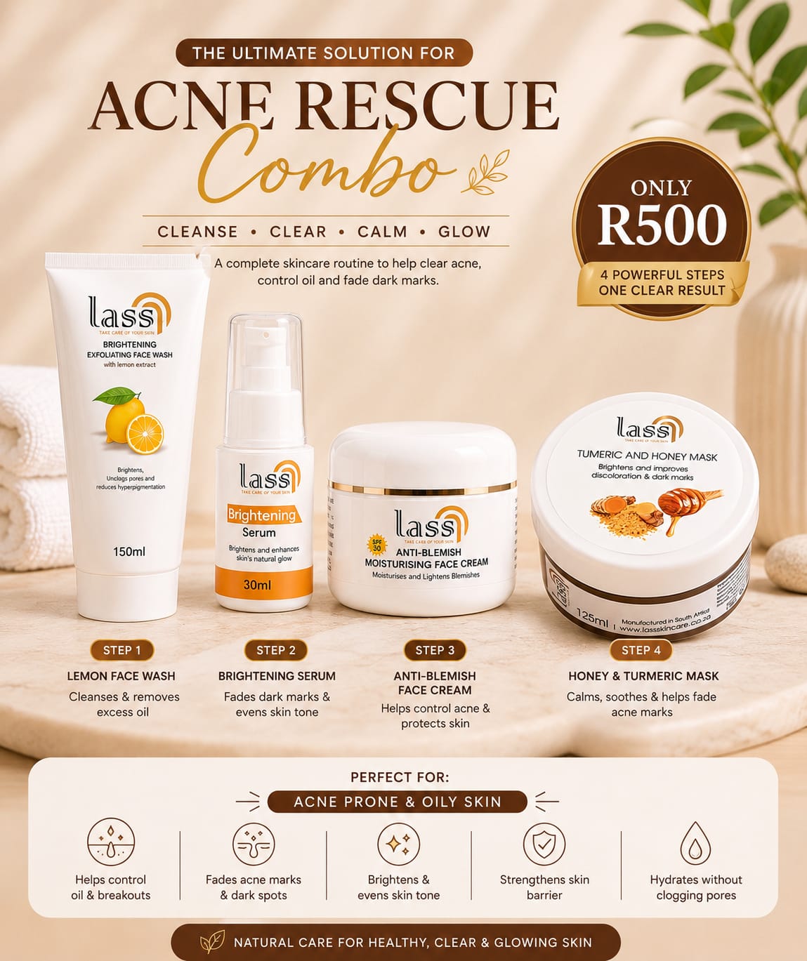 Lass Skincare Acne Rescue Combo with face wash, serum, face cream and turmeric honey mask